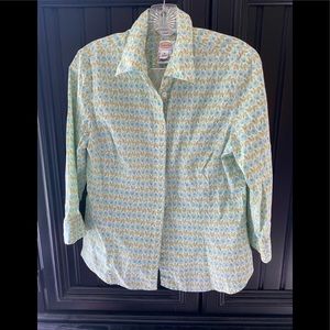 Talbots green and blue print stretch 3/4 sleeve blouse